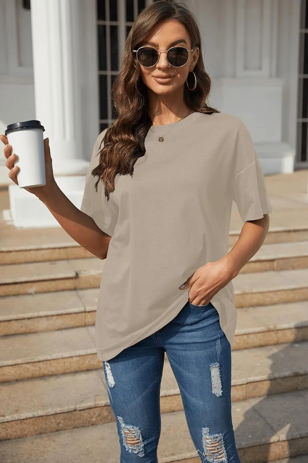 Fisoew Women's Oversized T Shirts Tees Half Sleeve Crew Neck Cotton Tunic Tops