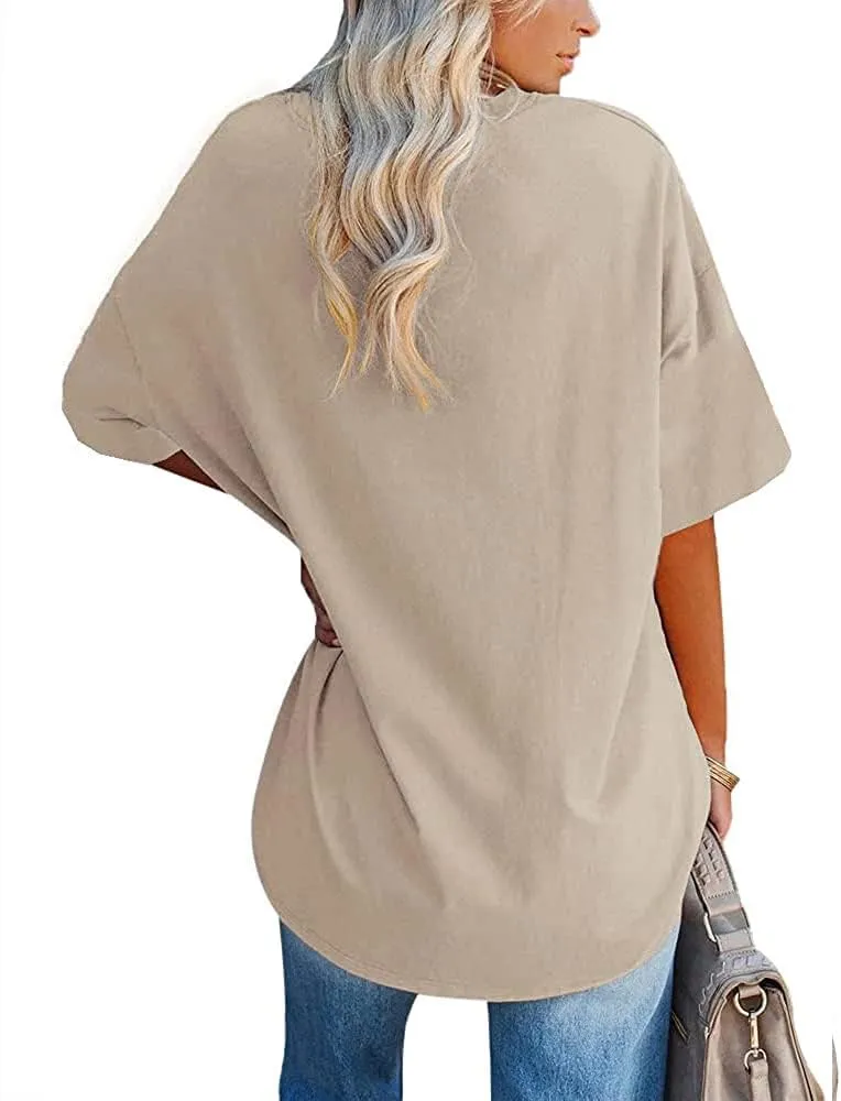 Fisoew Women's Oversized T Shirts Tees Half Sleeve Crew Neck Cotton Tunic Tops