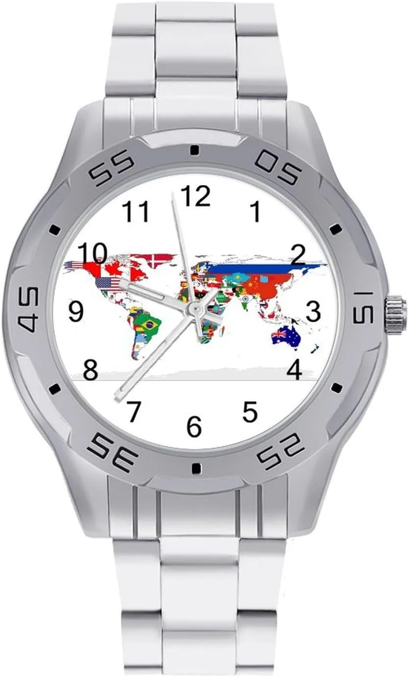 Flag Map of The World Men's Business Watch Fashion Stainless Steel Wristwatches Custom Easy Read Watches for Women
