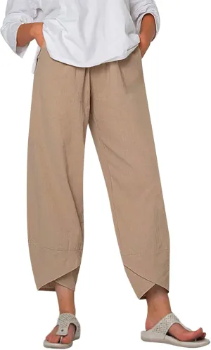 Flygo Womens Linen Pants Casual Capri Pants for Summer Cropped Palazzo Lounge Pants Elastic Waist Baggy Trousers(Khaki-L), Large