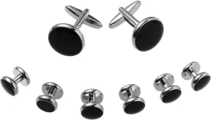 FM FM42 Mens Black Enameled Round Cufflinks Set for Clothing Shirts, Pack of 8