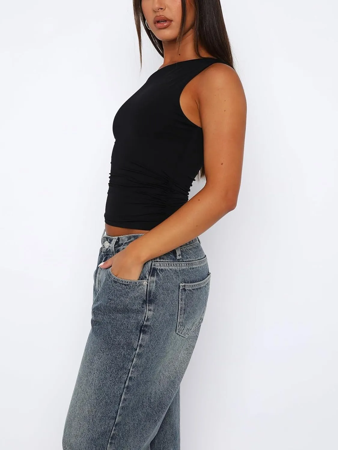 ForeFair Womens Off Shoulder Tops Sleeveless Going Out Crop Tank Tops Slim Fitted Shirts Summer Outfits Y2K Cute Tops