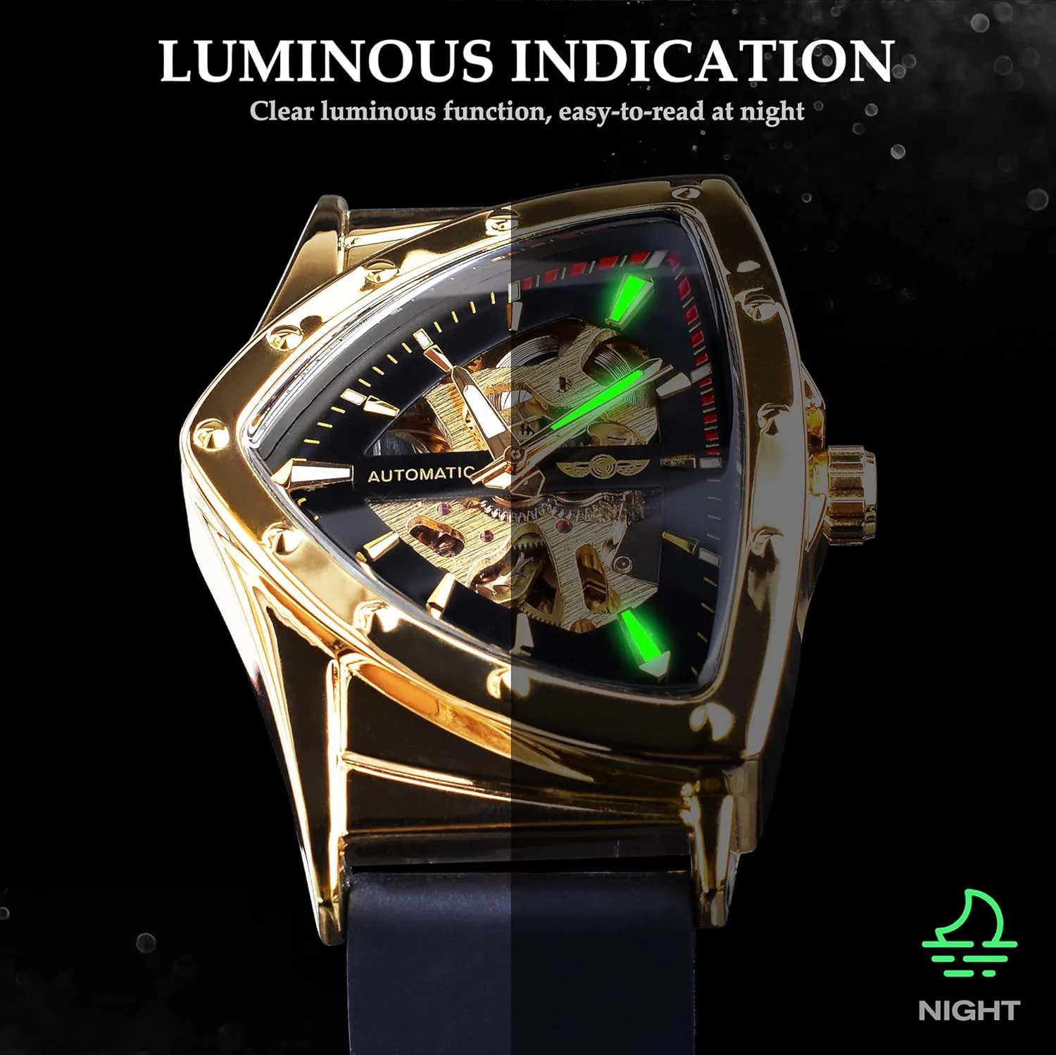 FORSINING Skeleton Watches for Men, Automatic Mechanical Watch with Triangle Dial, Luminous Self Winding Watches Stainless Steel Bracelet or Soft Silicone Strap