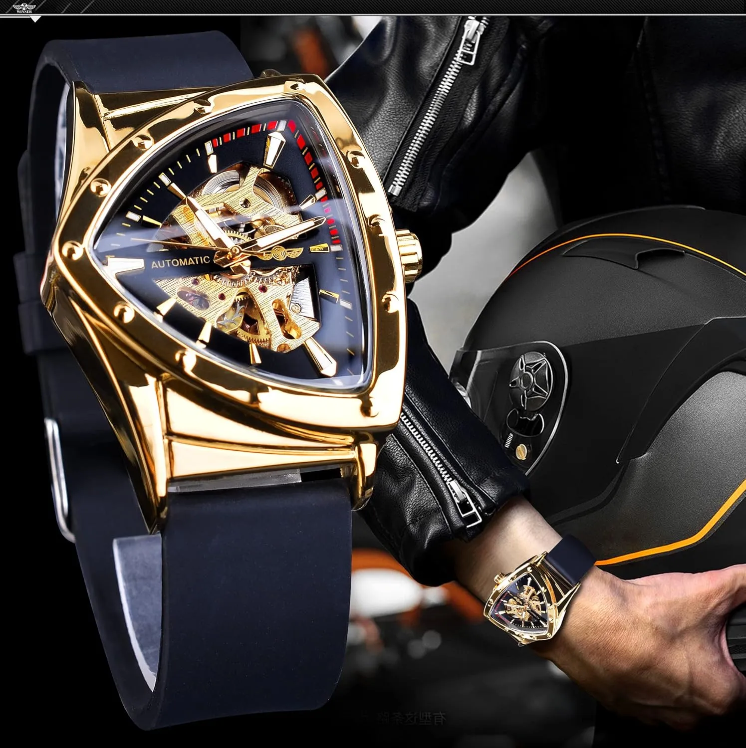 FORSINING Skeleton Watches for Men, Automatic Mechanical Watch with Triangle Dial, Luminous Self Winding Watches Stainless Steel Bracelet or Soft Silicone Strap