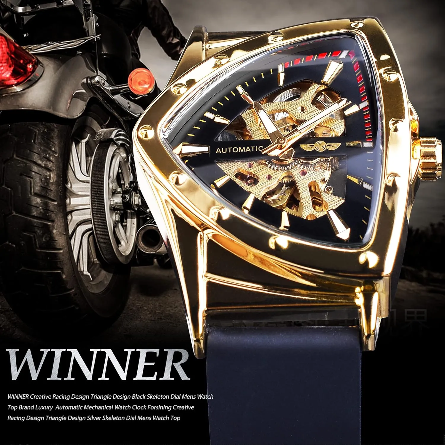 FORSINING Skeleton Watches for Men, Automatic Mechanical Watch with Triangle Dial, Luminous Self Winding Watches Stainless Steel Bracelet or Soft Silicone Strap
