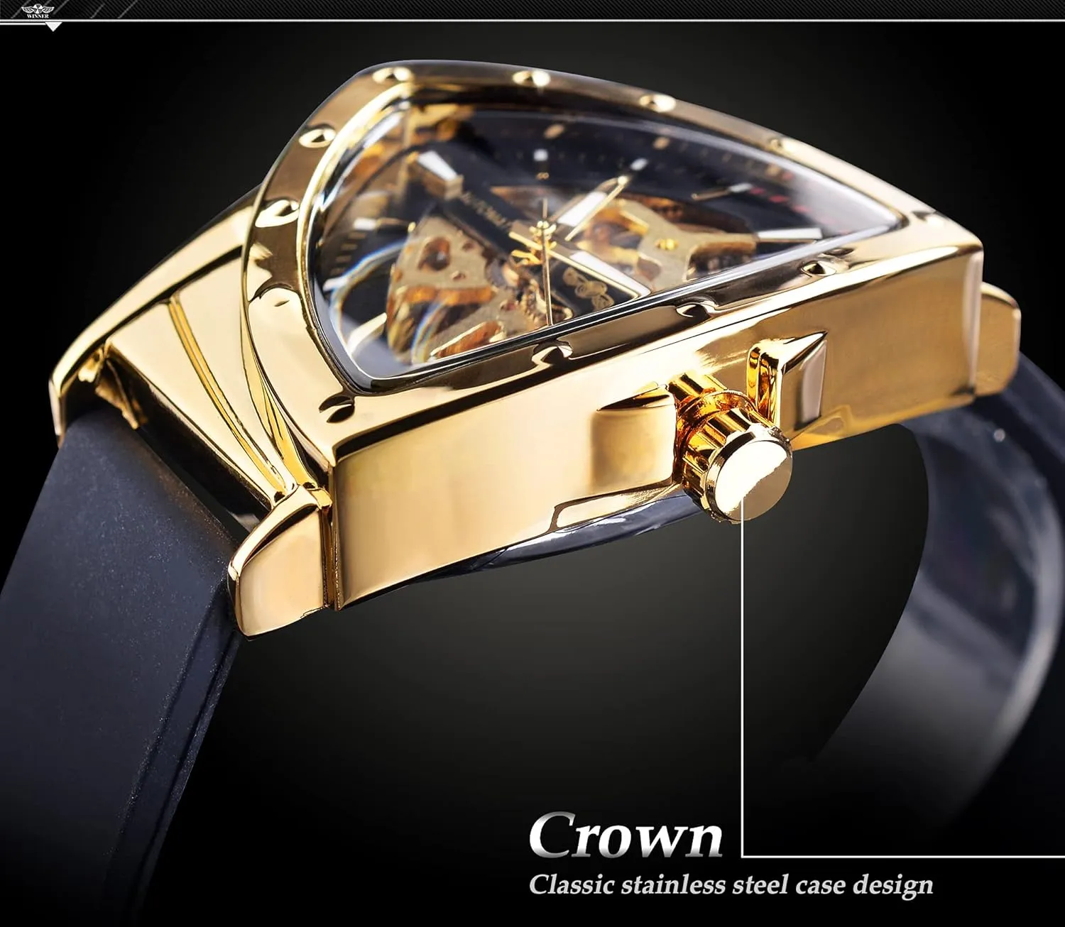 FORSINING Skeleton Watches for Men, Automatic Mechanical Watch with Triangle Dial, Luminous Self Winding Watches Stainless Steel Bracelet or Soft Silicone Strap