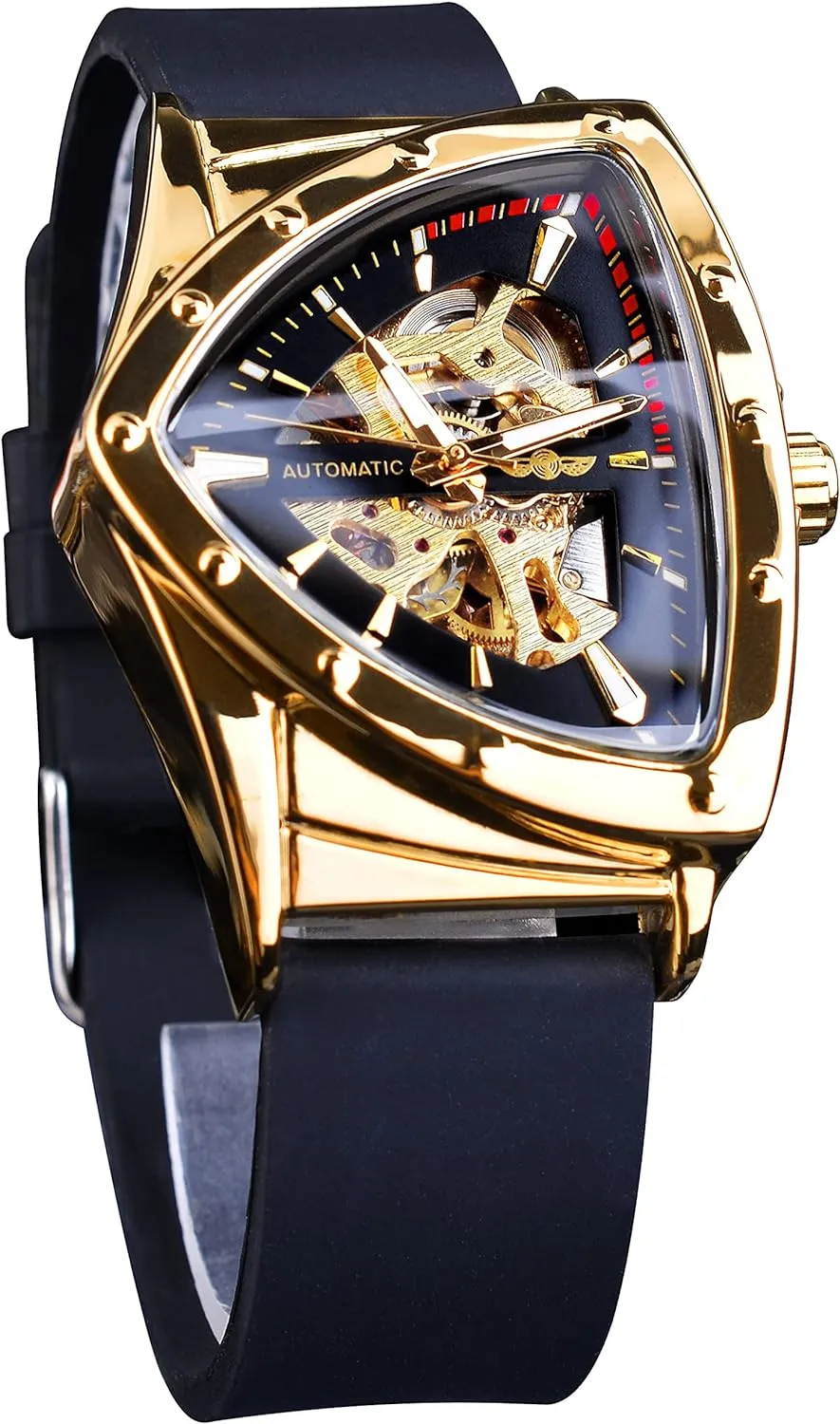 FORSINING Skeleton Watches for Men, Automatic Mechanical Watch with Triangle Dial, Luminous Self Winding Watches Stainless Steel Bracelet or Soft Silicone Strap