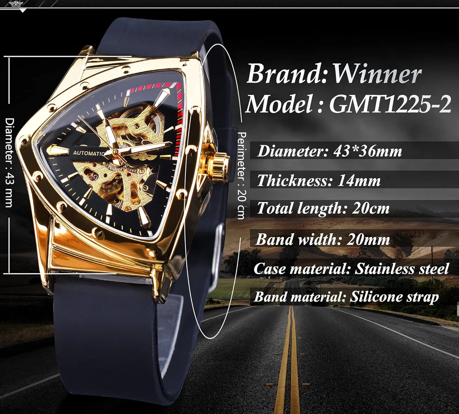 FORSINING Skeleton Watches for Men, Automatic Mechanical Watch with Triangle Dial, Luminous Self Winding Watches Stainless Steel Bracelet or Soft Silicone Strap