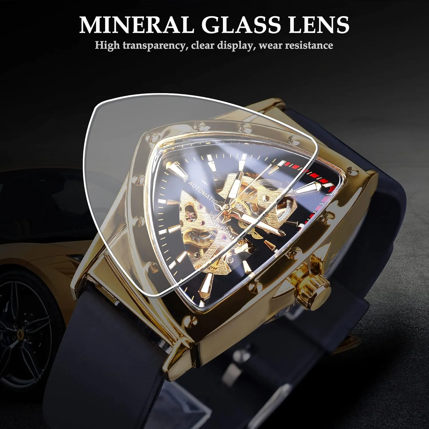FORSINING Skeleton Watches for Men, Automatic Mechanical Watch with Triangle Dial, Luminous Self Winding Watches Stainless Steel Bracelet or Soft Silicone Strap