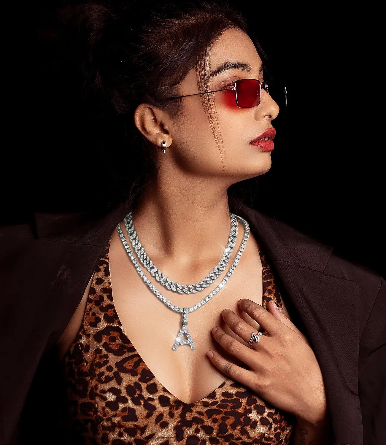 FUNEIA 2PCS Silver Initial Cuban Link Chain for Women Layered Diamond Tennis Necklace Iced Out Letter Pendant Choker Necklace Bling CZ Alphabet A-Z Hip Hop Jewelry