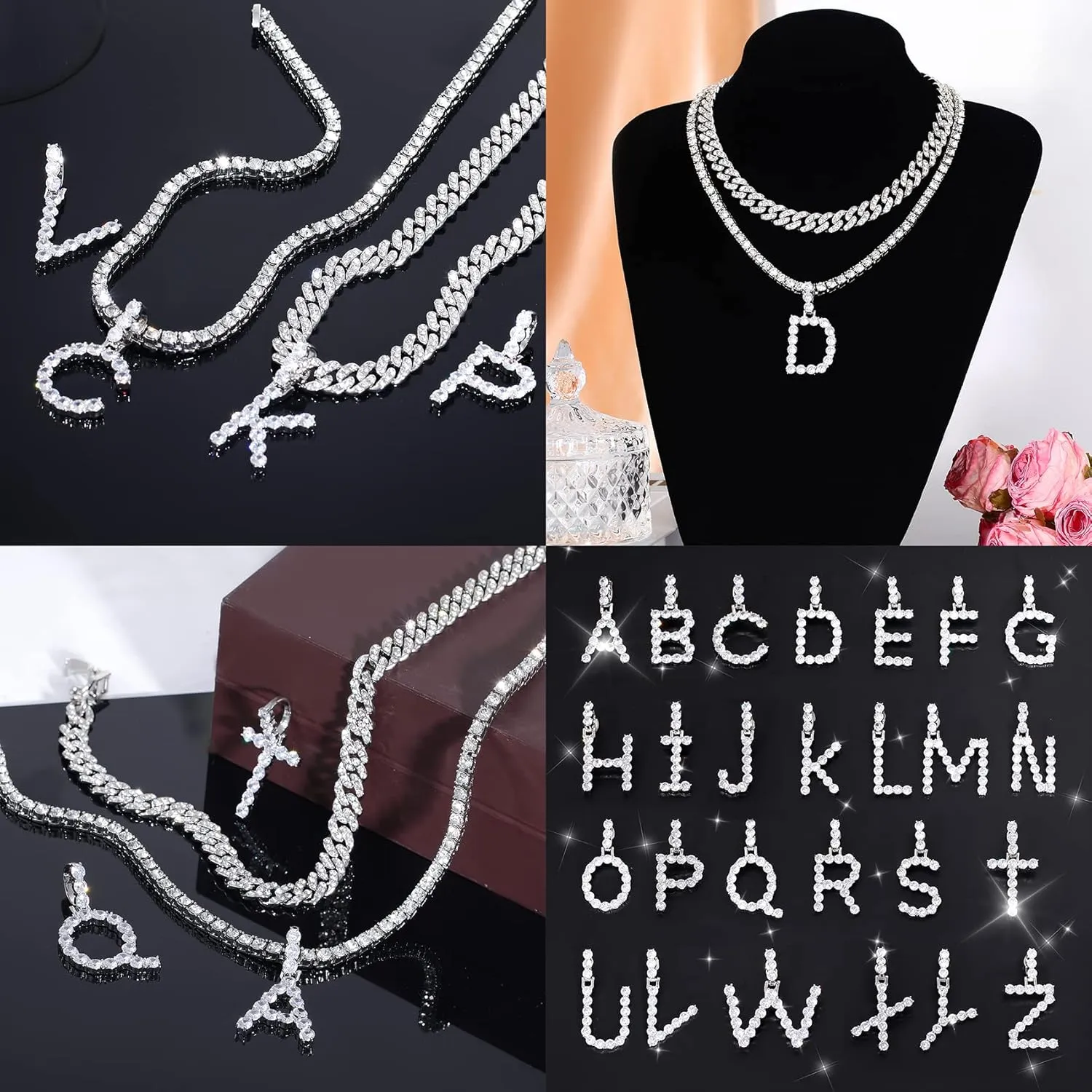 FUNEIA 2PCS Silver Initial Cuban Link Chain for Women Layered Diamond Tennis Necklace Iced Out Letter Pendant Choker Necklace Bling CZ Alphabet A-Z Hip Hop Jewelry