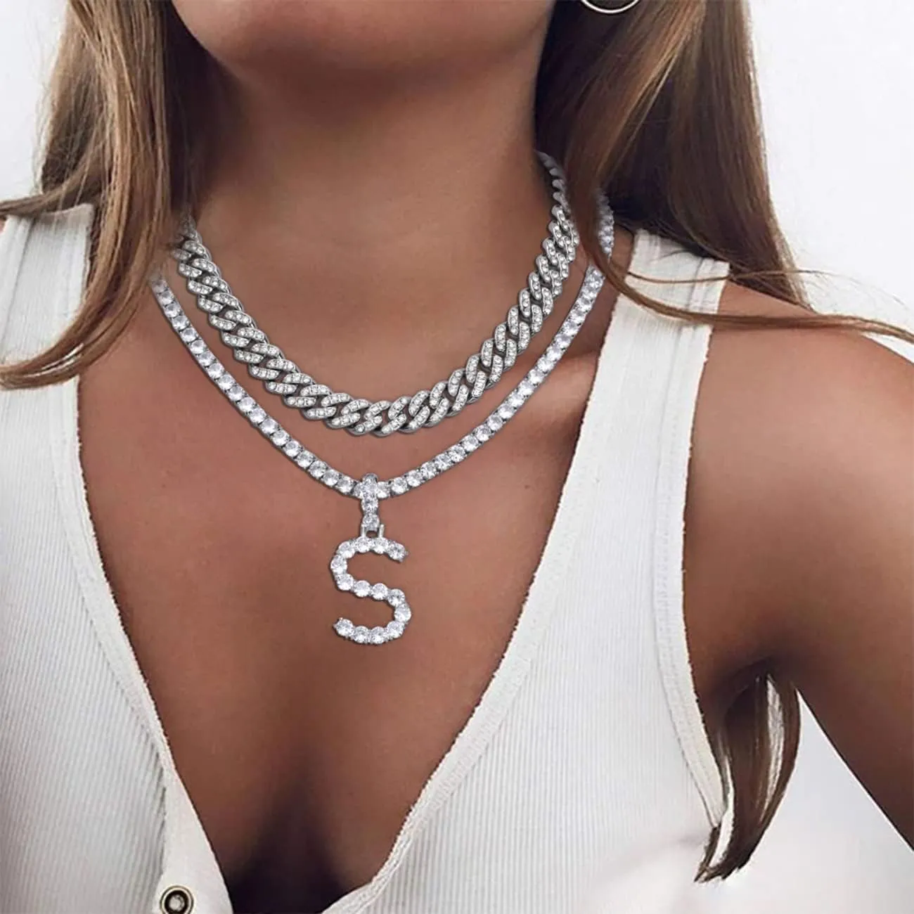 FUNEIA 2PCS Silver Initial Cuban Link Chain for Women Layered Diamond Tennis Necklace Iced Out Letter Pendant Choker Necklace Bling CZ Alphabet A-Z Hip Hop Jewelry