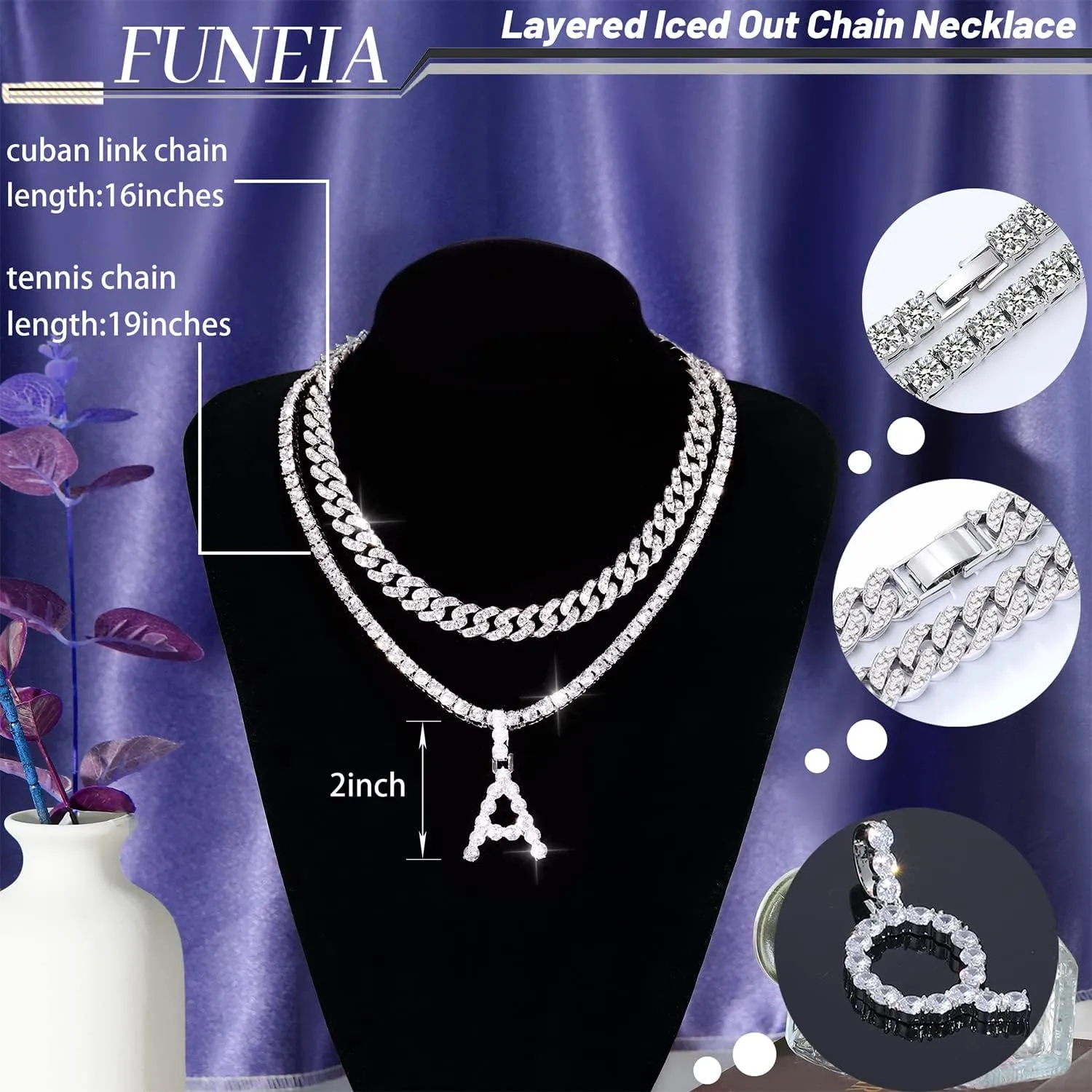 FUNEIA 2PCS Silver Initial Cuban Link Chain for Women Layered Diamond Tennis Necklace Iced Out Letter Pendant Choker Necklace Bling CZ Alphabet A-Z Hip Hop Jewelry
