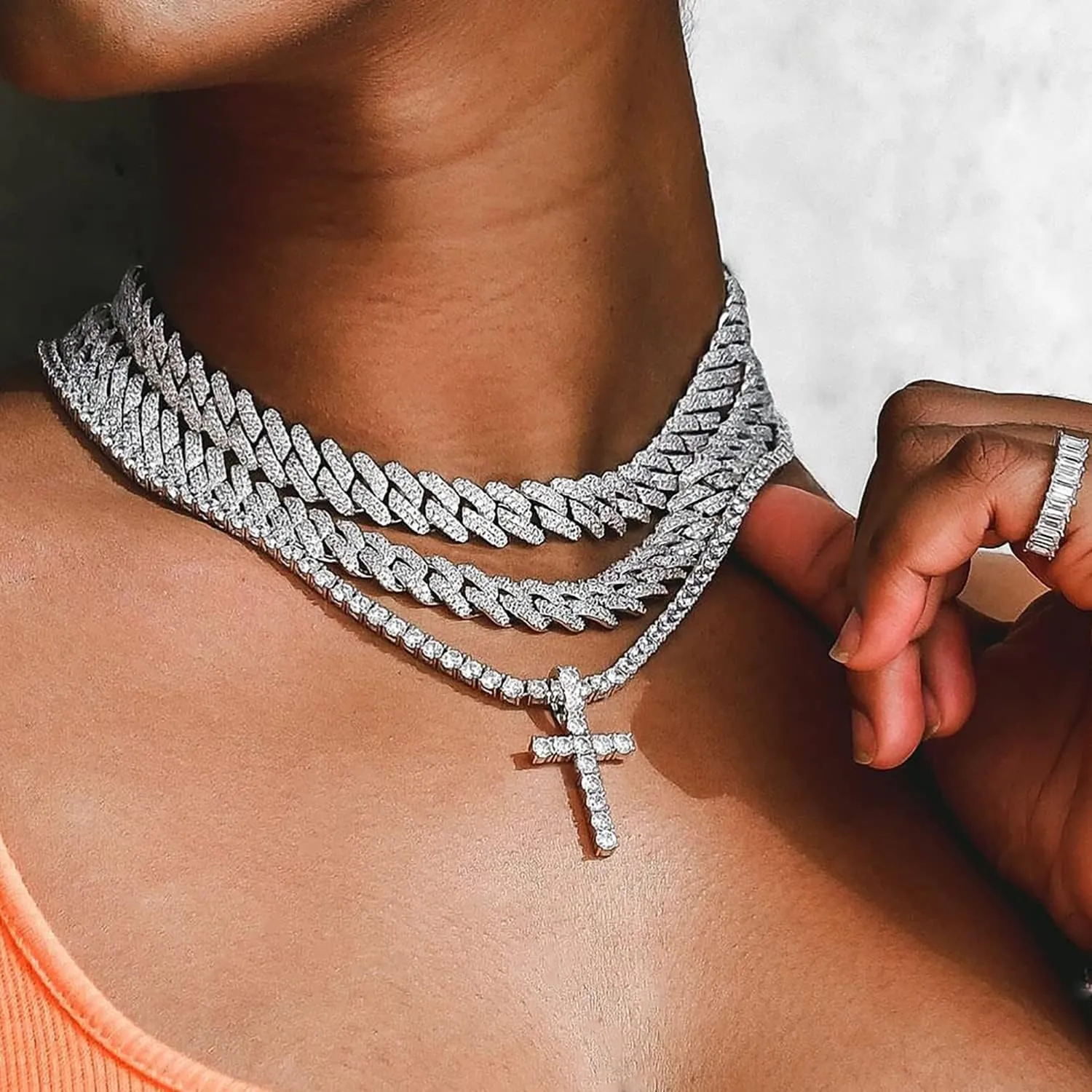 FUNEIA 2PCS Silver Initial Cuban Link Chain for Women Layered Diamond Tennis Necklace Iced Out Letter Pendant Choker Necklace Bling CZ Alphabet A-Z Hip Hop Jewelry