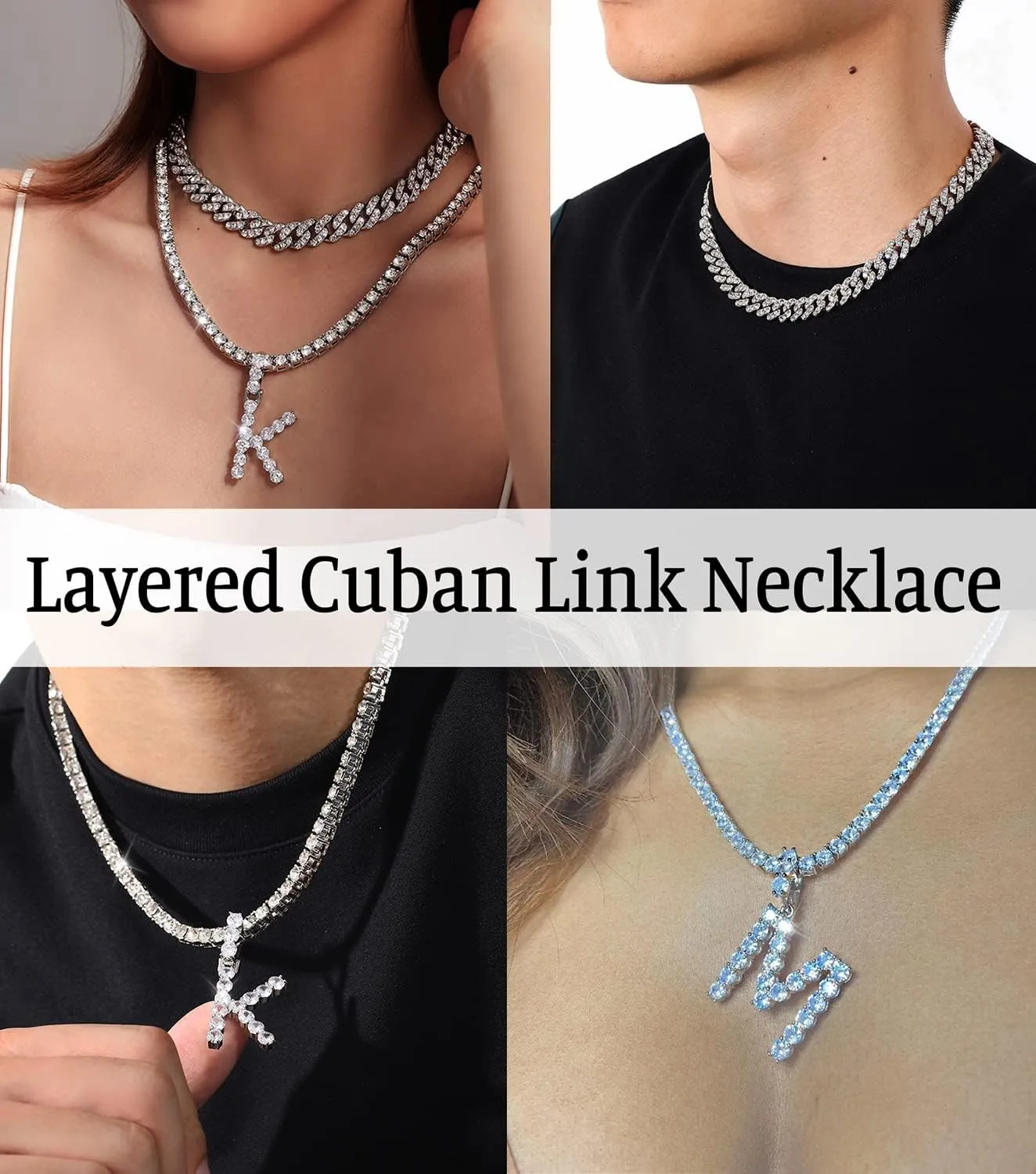 FUNEIA 2PCS Silver Initial Cuban Link Chain for Women Layered Diamond Tennis Necklace Iced Out Letter Pendant Choker Necklace Bling CZ Alphabet A-Z Hip Hop Jewelry