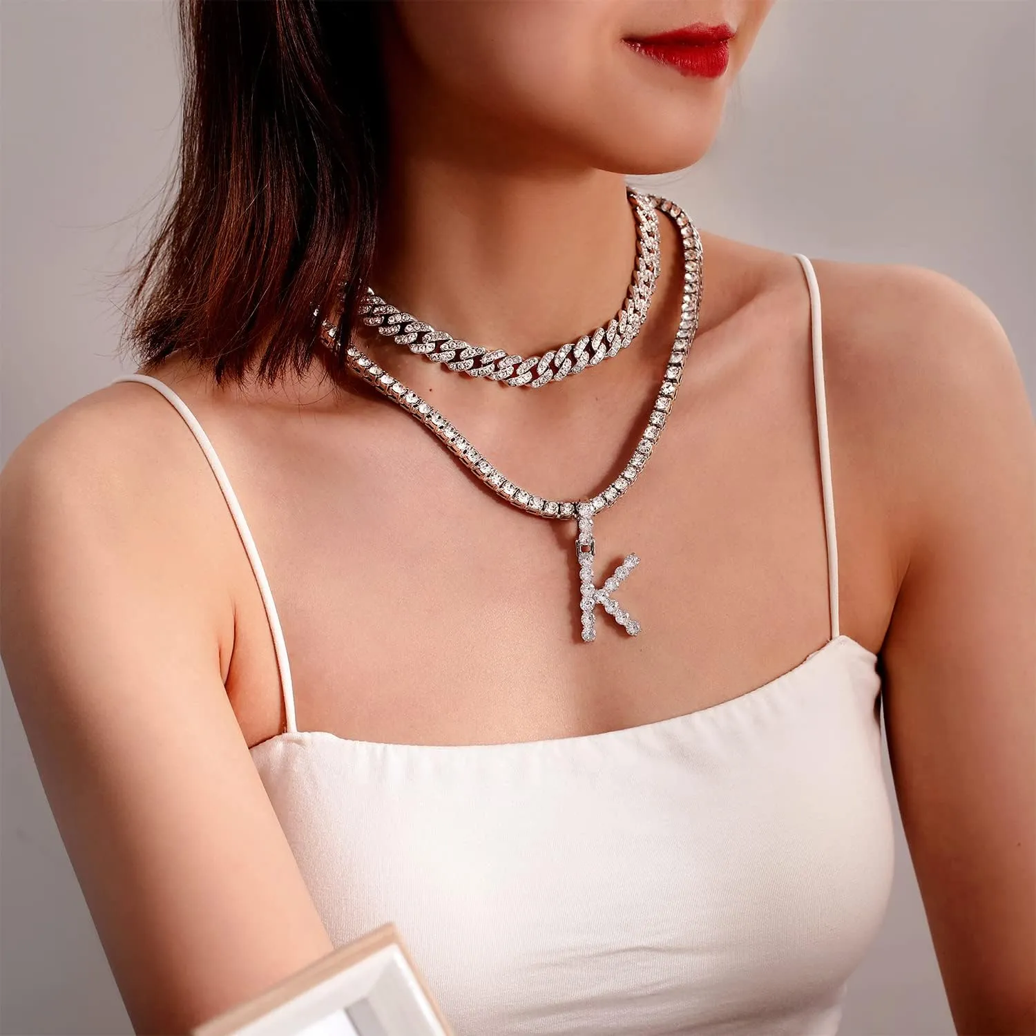 FUNEIA 2PCS Silver Initial Cuban Link Chain for Women Layered Diamond Tennis Necklace Iced Out Letter Pendant Choker Necklace Bling CZ Alphabet A-Z Hip Hop Jewelry