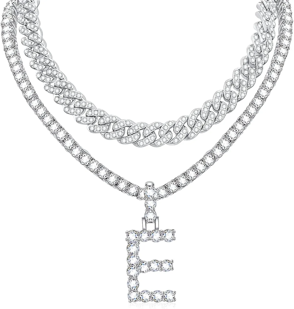 FUNEIA 2PCS Silver Initial Cuban Link Chain for Women Layered Diamond Tennis Necklace Iced Out Letter Pendant Choker Necklace Bling CZ Alphabet A-Z Hip Hop Jewelry