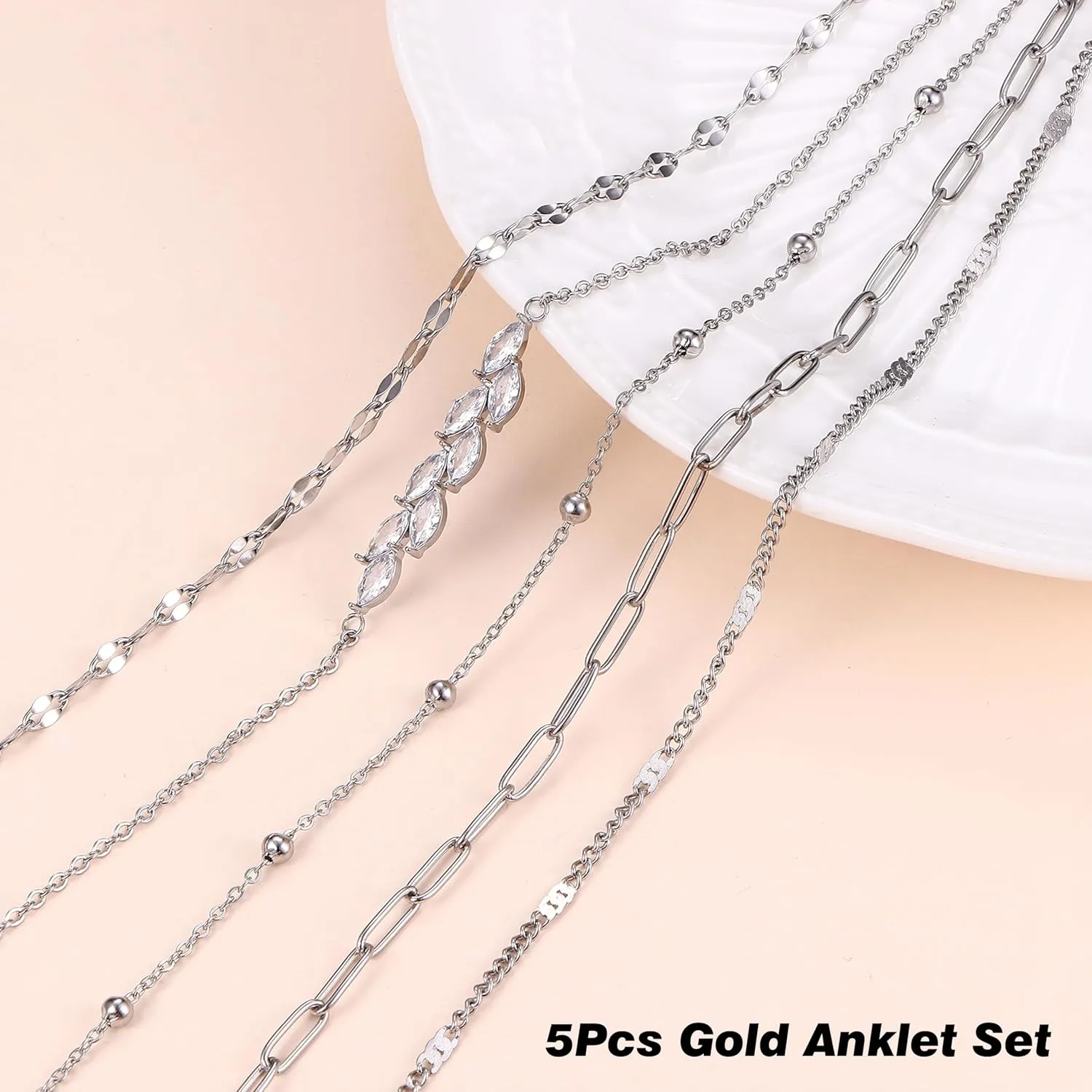 FUNRUN JEWELRY Gold Ankle Bracelets,14 k Gold Plated Waterproof Stainless Steel Cuban Link Chain Ankle Set Paperclip Figaro Layered Anklets Bracelets for Women Dainty Summer Beach Jewelry 5Pcs