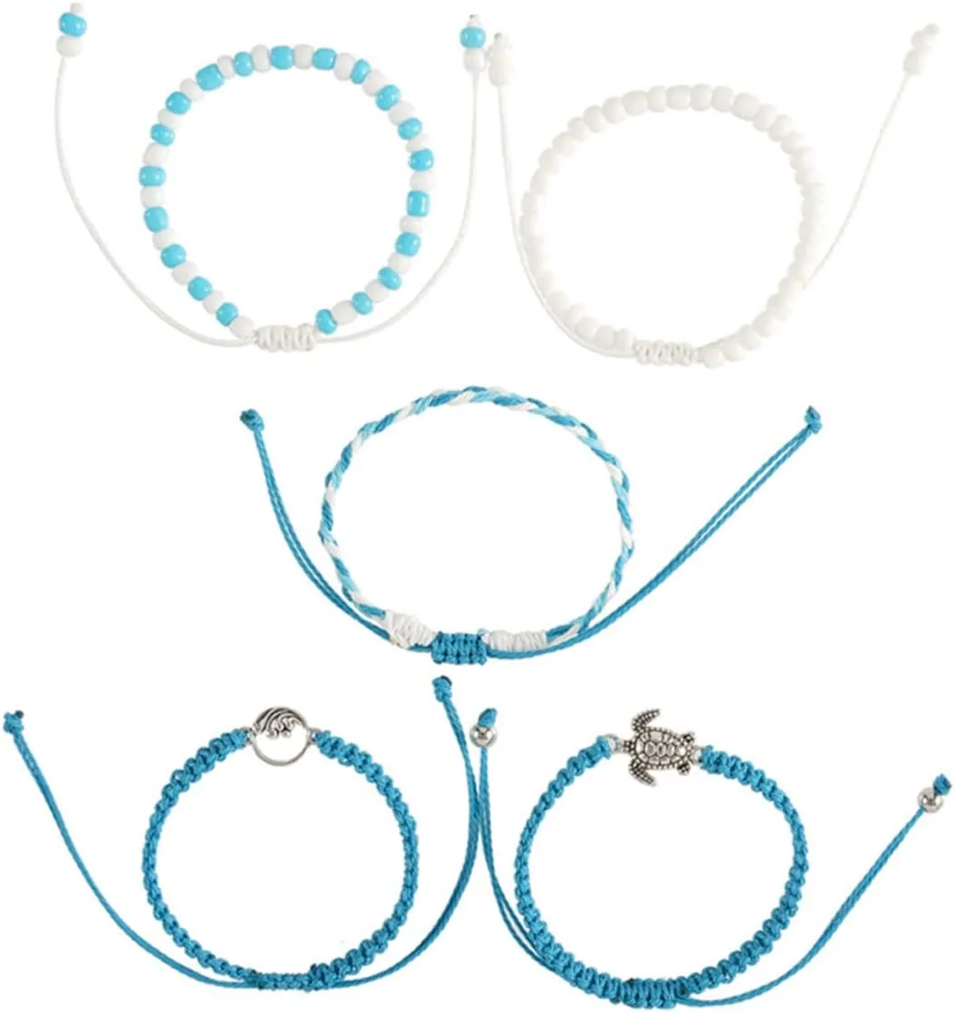 GALPADA 5Pcs Woven Bracelet Beach Turtle Bead Jewelry for Teen Stylish Wrist Cords for Daily Wear and Gifting