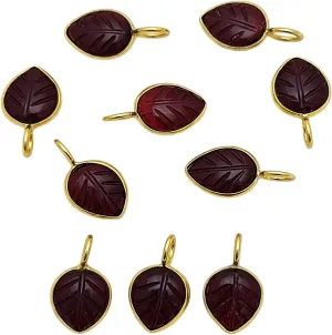 Garnet Leaf Carved Pendant in Gold Plated Sterling Silver 10x8mm Pear Shape Charms Handmade Red Gemstone Jewelry Gift