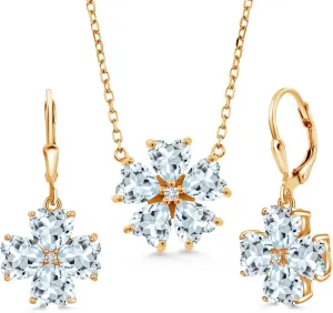 Gem Stone King 18K Yellow Gold Plated Silver Sky Blue Aquamarine and White Lab Grown Diamond Pendant Necklace Earrings Jewelry Set For Women (9.54 Cttw, Heart Shape 6MM, with 18 Inch Chain)