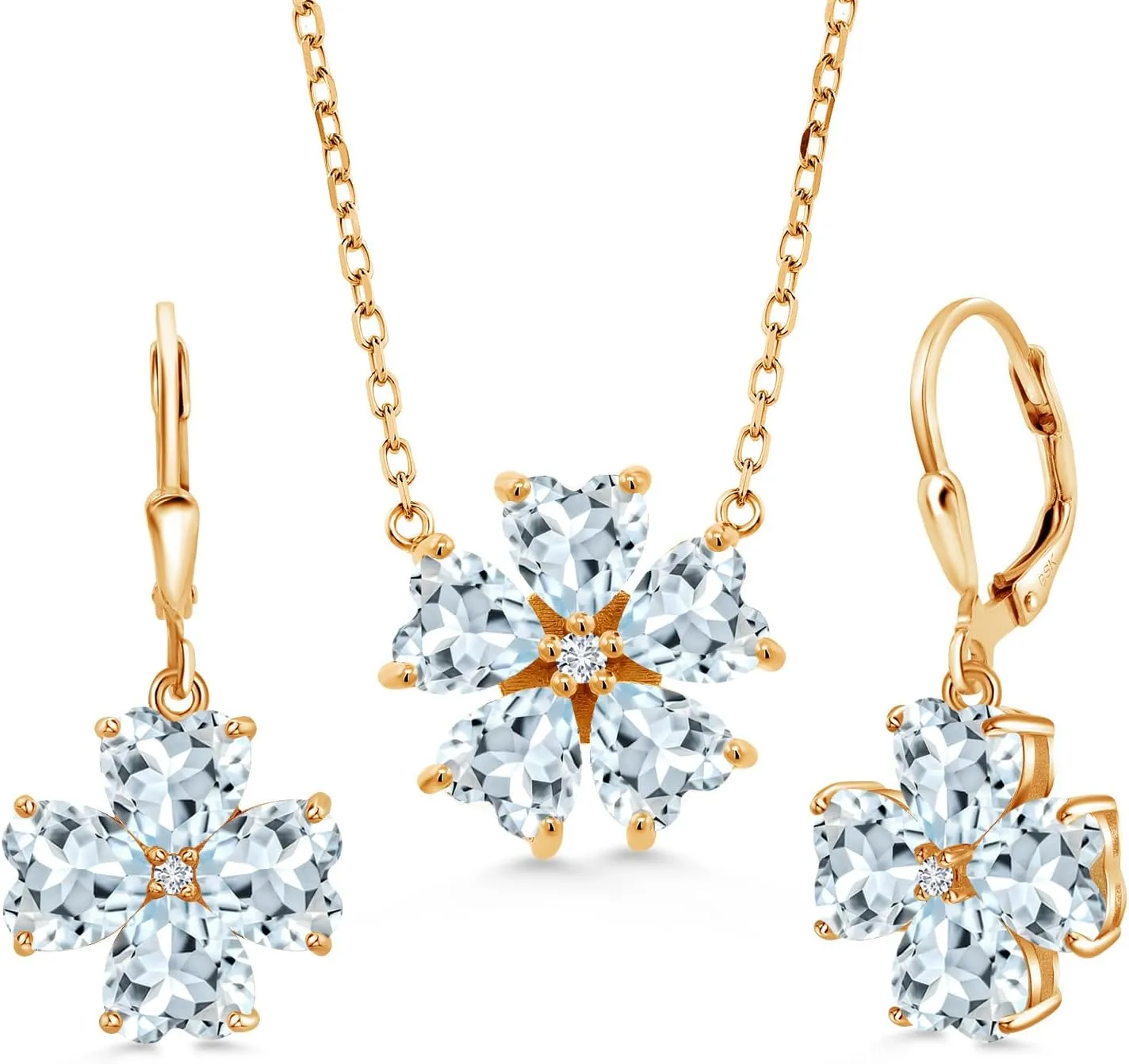 Gem Stone King 18K Yellow Gold Plated Silver Sky Blue Aquamarine and White Lab Grown Diamond Pendant Necklace Earrings Jewelry Set For Women (9.54 Cttw, Heart Shape 6MM, with 18 Inch Chain)