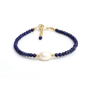 Gempires Blue Lapis Lazuli Beaded Bracelet with Freshwater Pearl Handmade Jewelry September Birthstone Gifts Hypoallergenic 7.5 Inch Gold Plated Everyday Wear Gemstone Bracelets