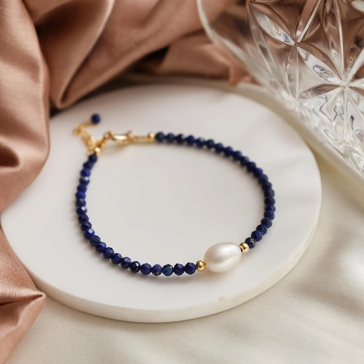 Gempires Blue Lapis Lazuli Beaded Bracelet with Freshwater Pearl Handmade Jewelry September Birthstone Gifts Hypoallergenic 7.5 Inch Gold Plated Everyday Wear Gemstone Bracelets