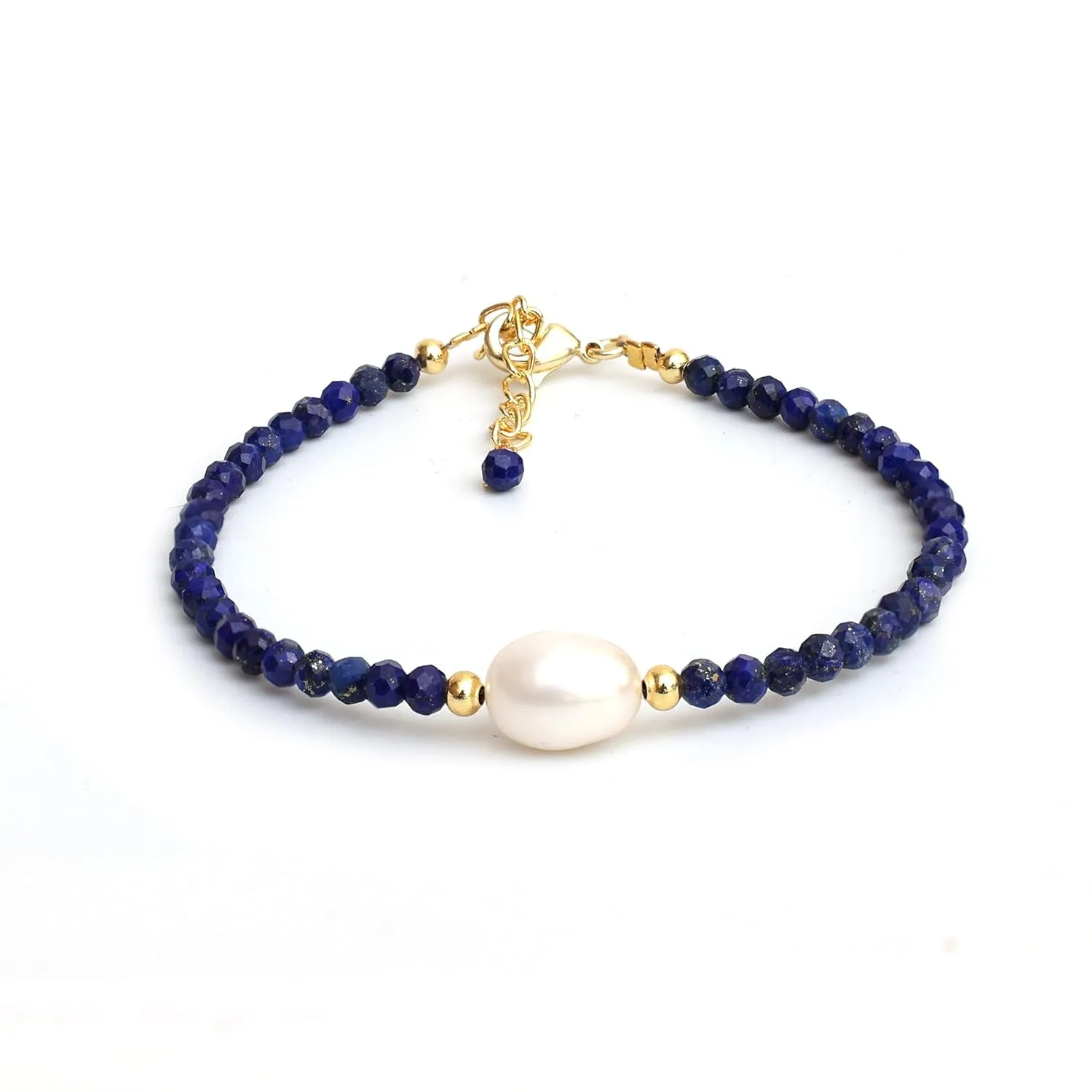 Gempires Blue Lapis Lazuli Beaded Bracelet with Freshwater Pearl Handmade Jewelry September Birthstone Gifts Hypoallergenic 7.5 Inch Gold Plated Everyday Wear Gemstone Bracelets
