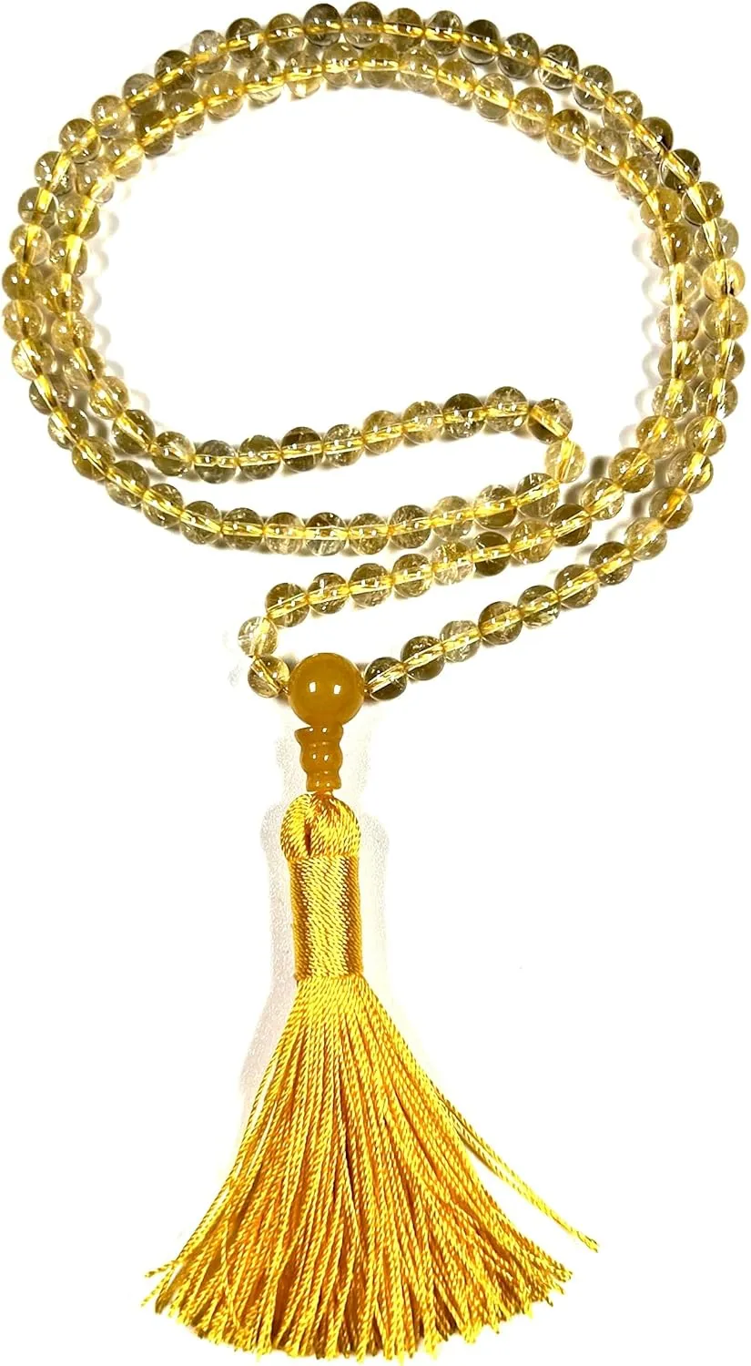 Gemstone Mala Beads Necklace Bead Sizes 6,8,10mm Mala Bracelet, Buddha Necklace, Blessed & Energized Handmade 108 1 Prayer Beads, Comes w/Velvet Pouch (Citrine, 6 mm)
