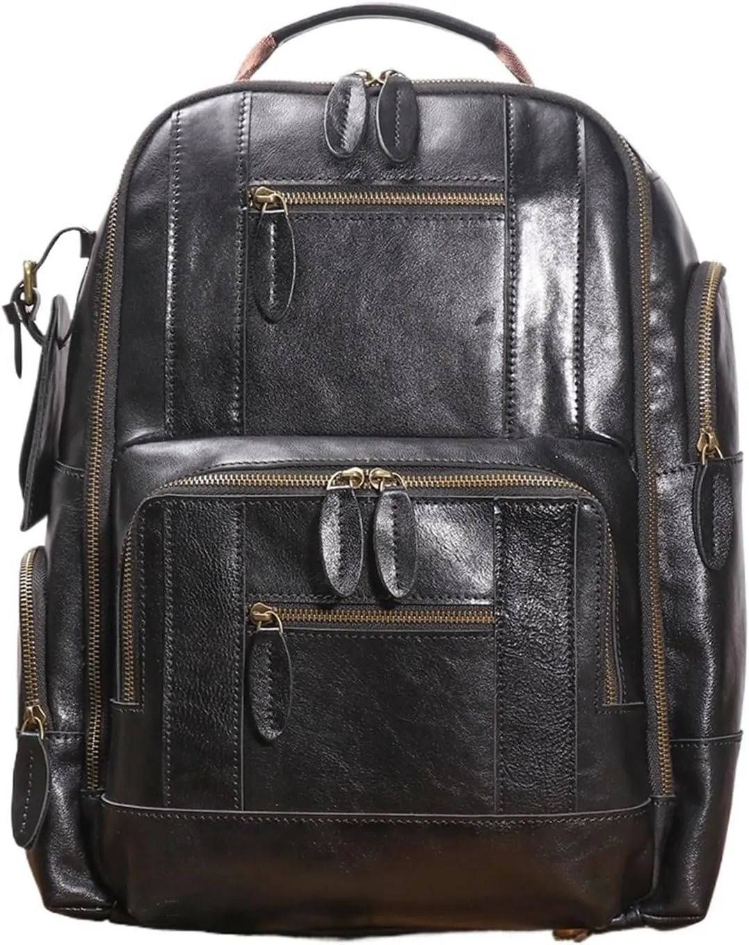 Genuine Leather Large Capacity Multifunctional Crazy Horse Leather Backpack Travel Business Laptop Bag(Black)