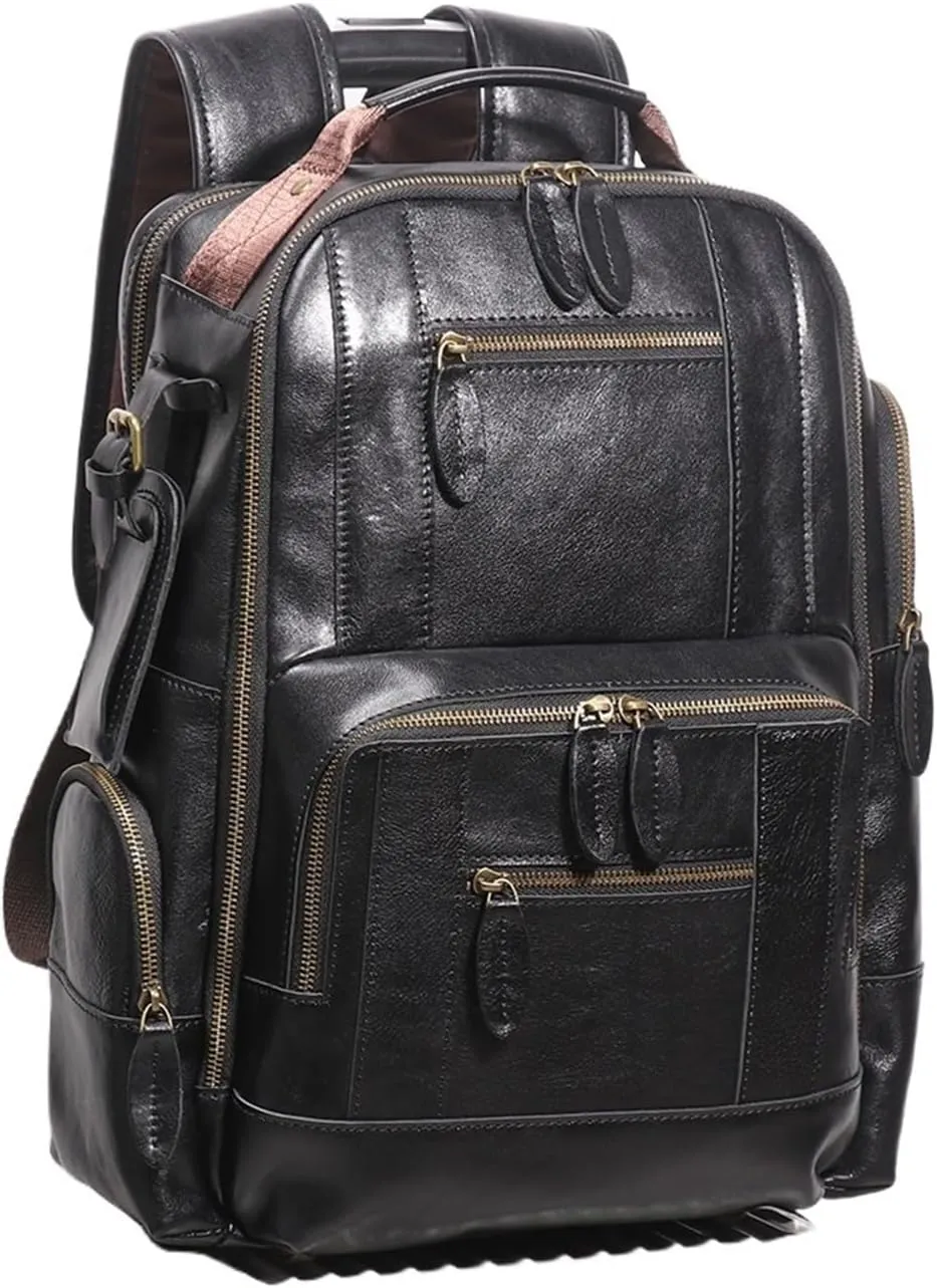 Genuine Leather Large Capacity Multifunctional Crazy Horse Leather Backpack Travel Business Laptop Bag(Brown)