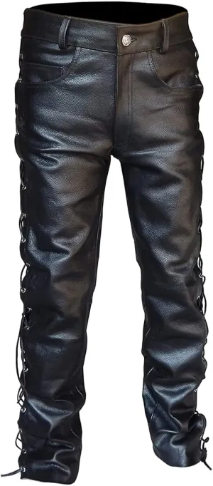 Genuine Leather Pants for Men with Lace-Up Sides Slim Fit Comfortable Vintage Motorcycle Biker Style Fashion Pants