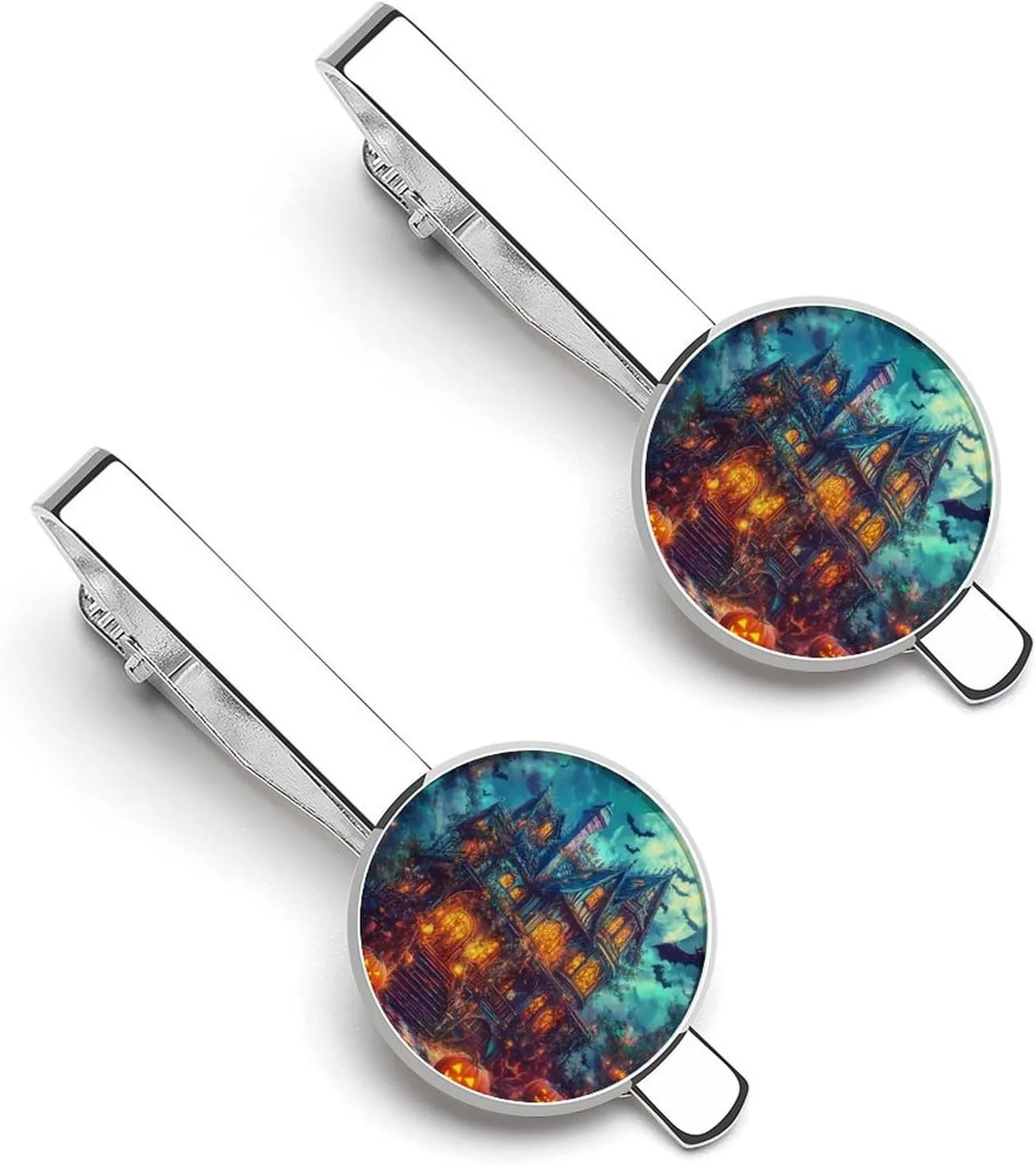 Ghost Castles Pumpkin Bats Moon Tie Clip Classic Necktie Bar Pinch Clothing Accessories for Wedding Party Business