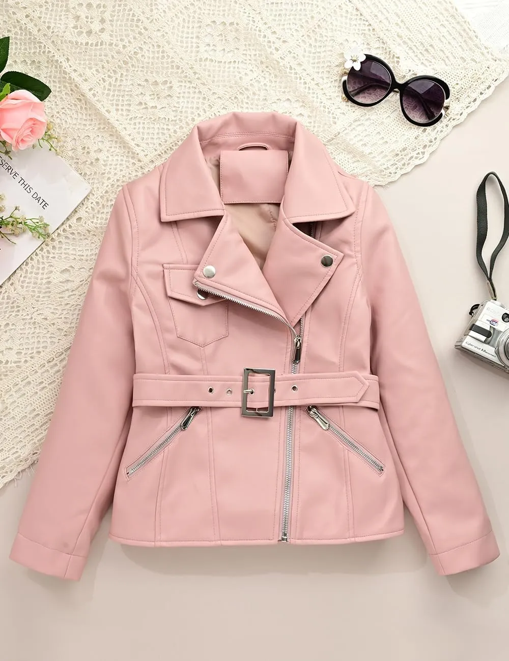 Giolshon Girls Faux Leather Jacket Motorcycle Biker Coat Kid's Fall PU Outerwear (5-14 Years)