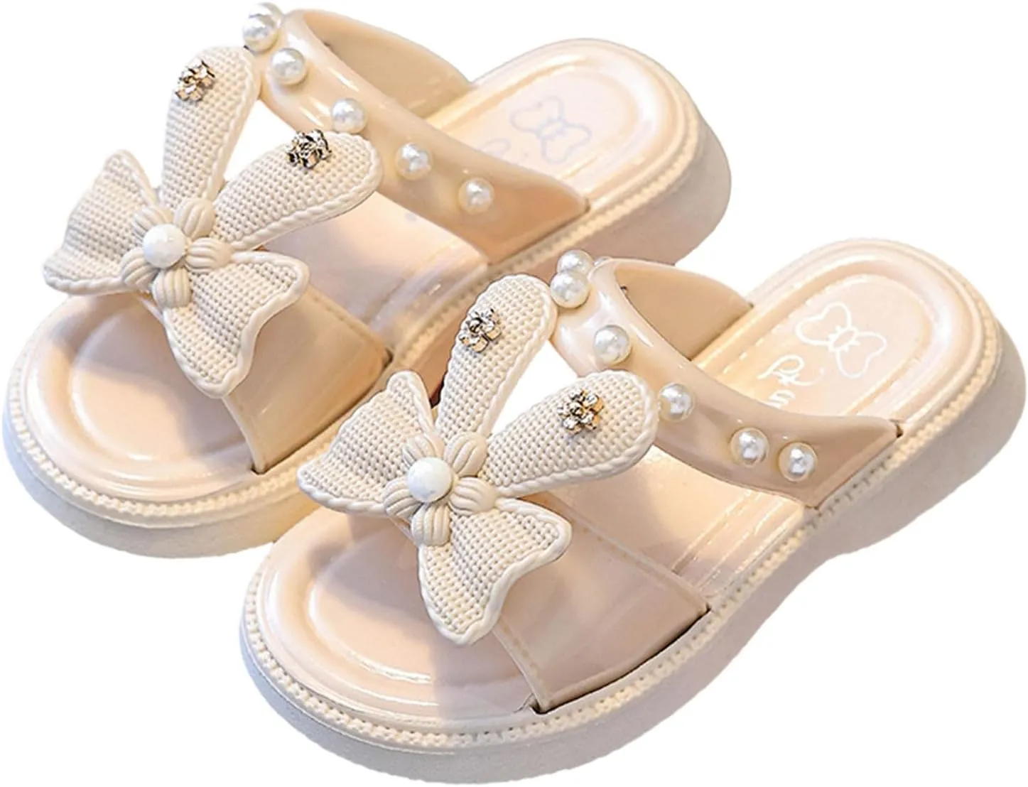 Girls Cute Sliders Solid Color Shiny Bow Open Toe Flat Slippers with Pearl Kids Toddler Girls Summer Non-Slip Slippers