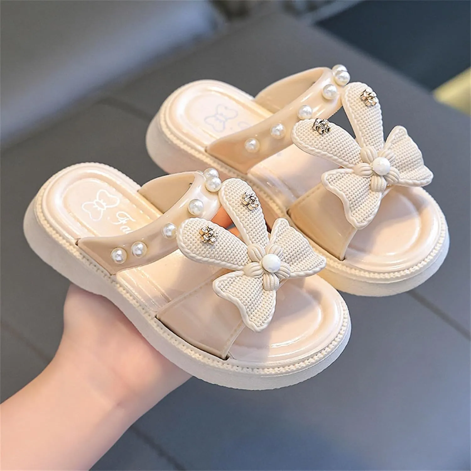 Girls Cute Sliders Solid Color Shiny Bow Open Toe Flat Slippers with Pearl Kids Toddler Girls Summer Non-Slip Slippers