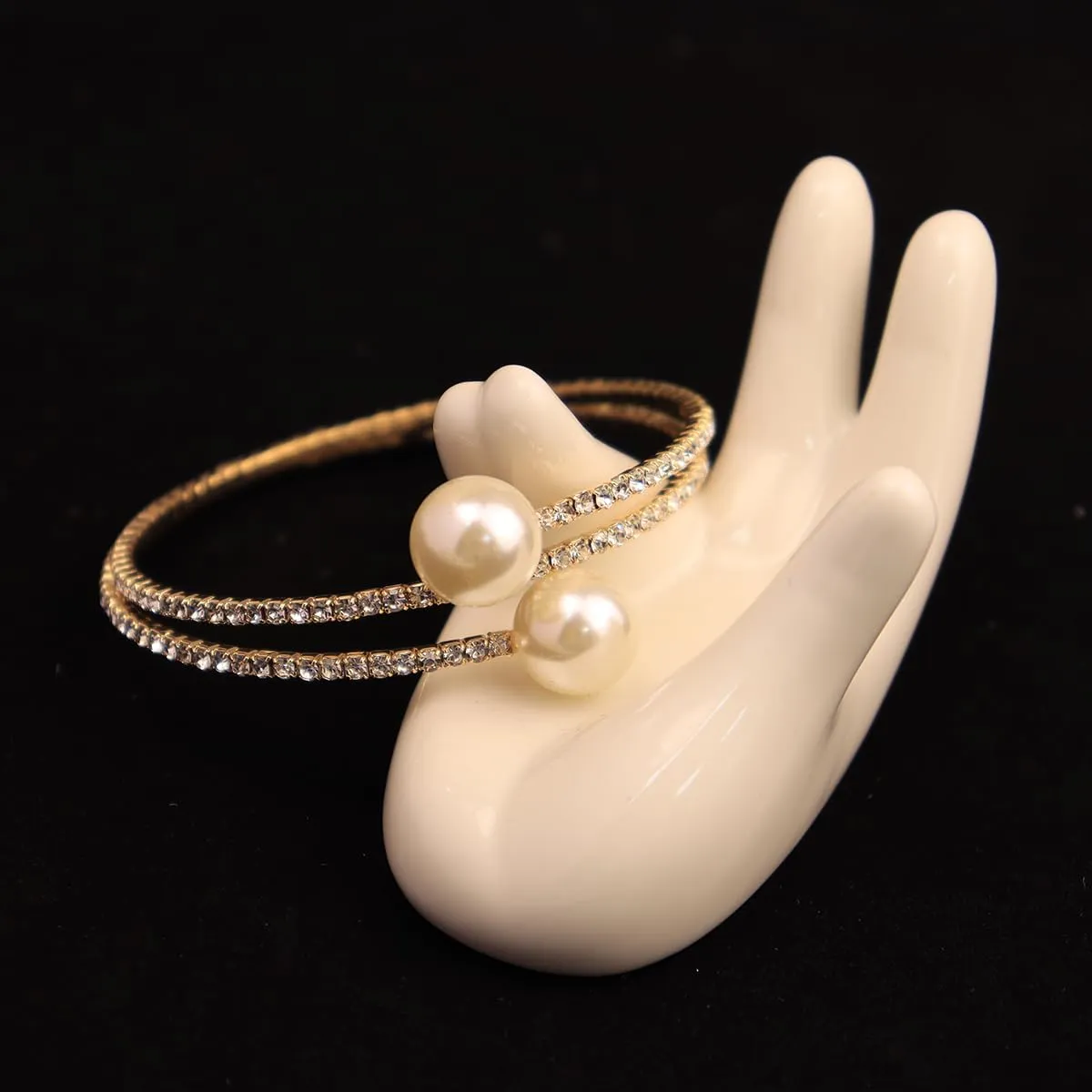 Glitter Crystal Rhinestone Cuff Bracelet Layered Pearl Adjustable Tennis Bangle Bracelet Bridal Jewelry Accessories for Women