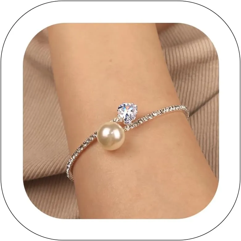 Glitter Crystal Rhinestone Cuff Bracelet Layered Pearl Adjustable Tennis Bangle Bracelet Bridal Jewelry Accessories for Women