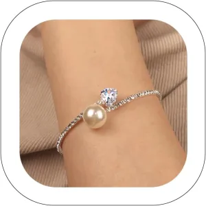 Glitter Crystal Rhinestone Cuff Bracelet Layered Pearl Adjustable Tennis Bangle Bracelet Bridal Jewelry Accessories for Women