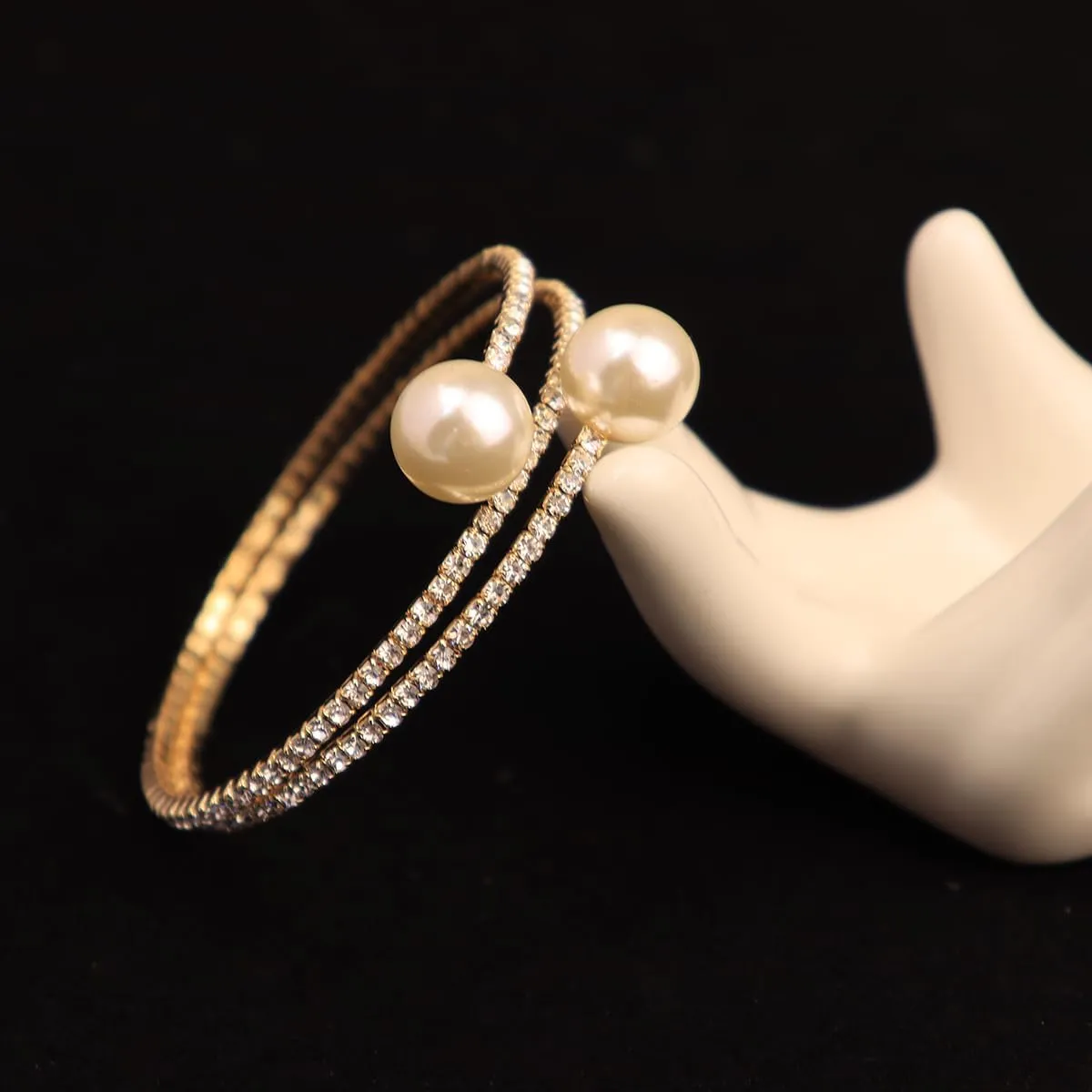 Glitter Crystal Rhinestone Cuff Bracelet Layered Pearl Adjustable Tennis Bangle Bracelet Bridal Jewelry Accessories for Women