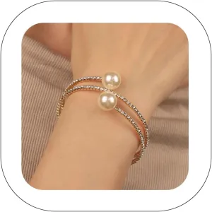 Glitter Crystal Rhinestone Cuff Bracelet Layered Pearl Adjustable Tennis Bangle Bracelet Bridal Jewelry Accessories for Women