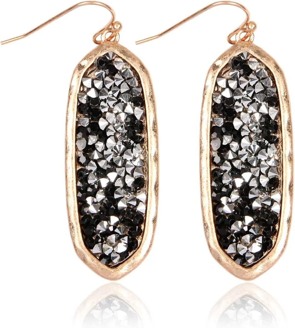 Glitter Rhinestone Statement Earrings - Sparkly Crystal Geometric Hexagon, Round Hoops, Vertical Bar, Teardrop Dangles, Shield Disc Drop