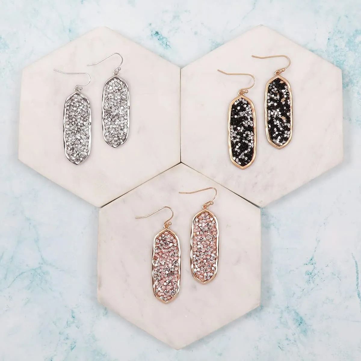 Glitter Rhinestone Statement Earrings - Sparkly Crystal Geometric Hexagon, Round Hoops, Vertical Bar, Teardrop Dangles, Shield Disc Drop