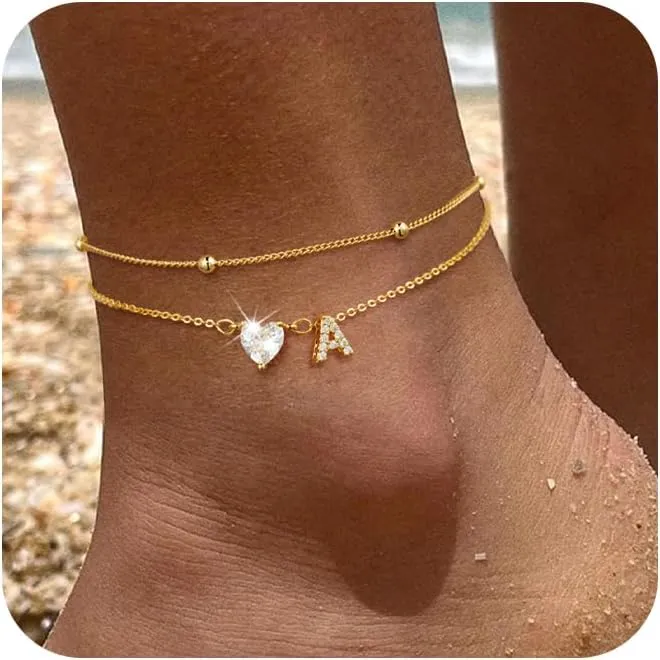 Gold Anklets Bracelet for Women Waterproof Dainty 14K Gold Plated Initial Letter Heart Layered Anklets Adjustable 8.3 2 Inch Jewelry Set for Women Gifts Trendy