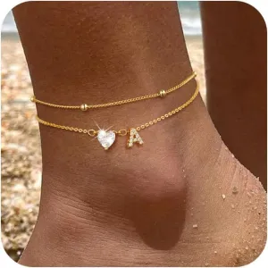 Gold Anklets Bracelet for Women Waterproof Dainty 14K Gold Plated Initial Letter Heart Layered Anklets Adjustable 8.3 2 Inch Jewelry Set for Women Gifts Trendy