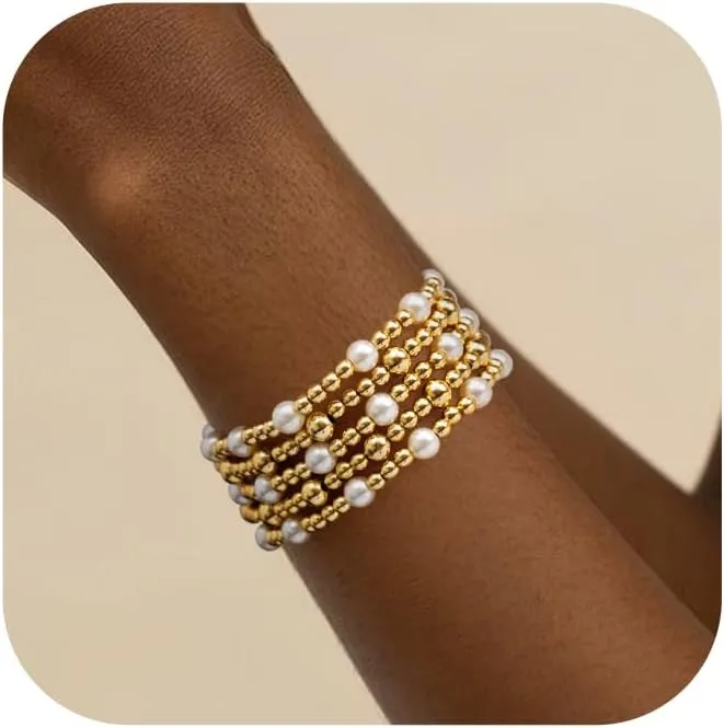 Gold Beaded Bracelets for Women Stackable Gold Bracelets for Women 14K Gold Plated Stretch Bead Ball Bracelet Hypoallergenic Bohemian