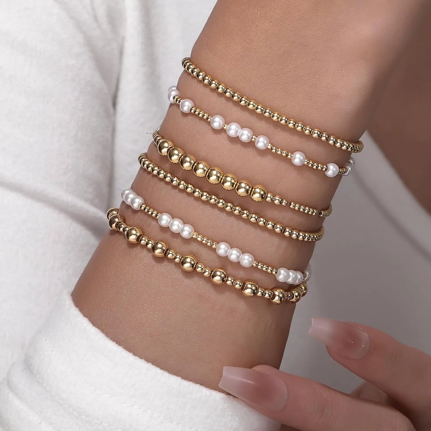 Gold Bracelets for Women 14K Gold Plated Beaded Non Tarnish Bracelets Stretch Bead Ball Bracelet Stack Set Jewelry for Gifts