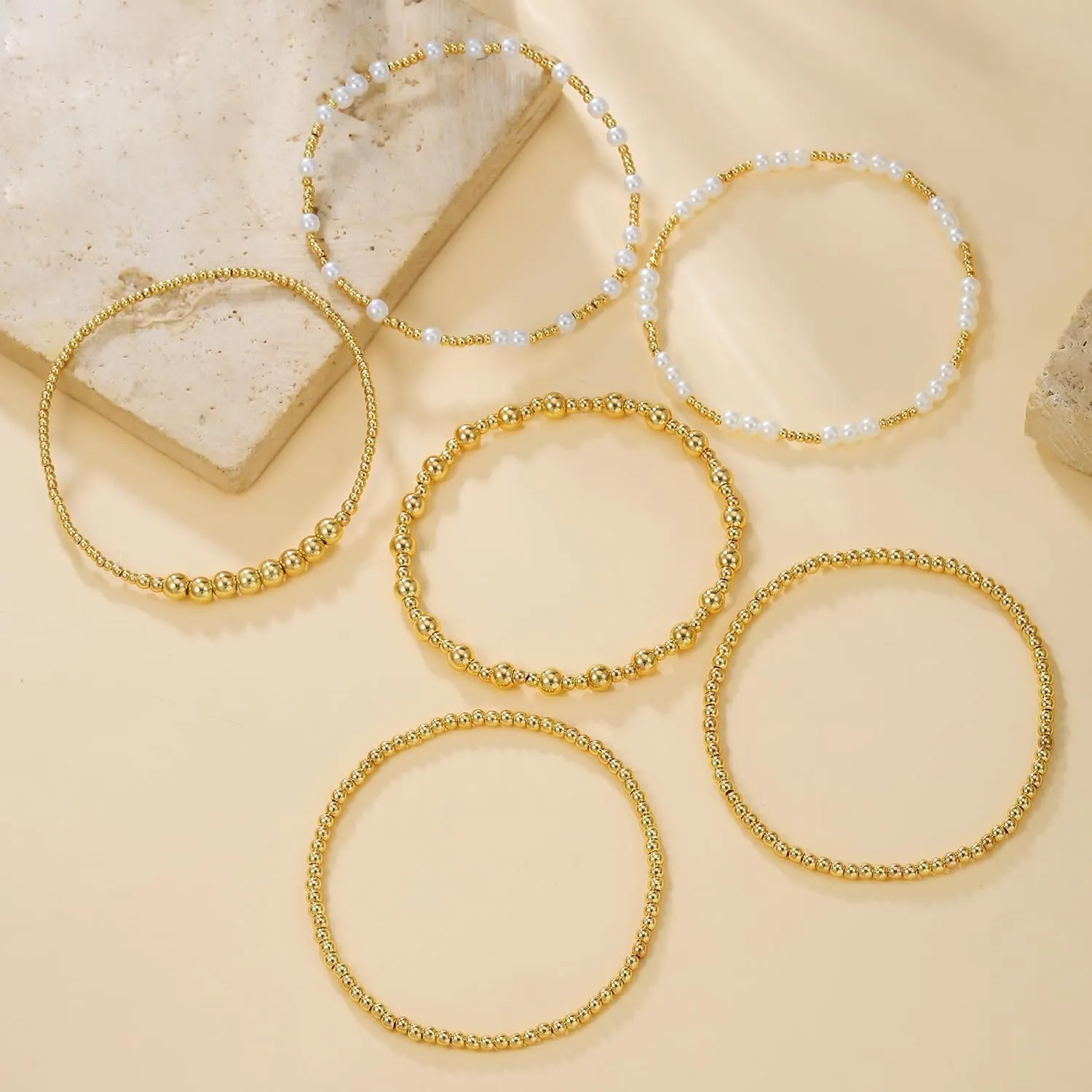 Gold Bracelets for Women 14K Gold Plated Beaded Non Tarnish Bracelets Stretch Bead Ball Bracelet Stack Set Jewelry for Gifts