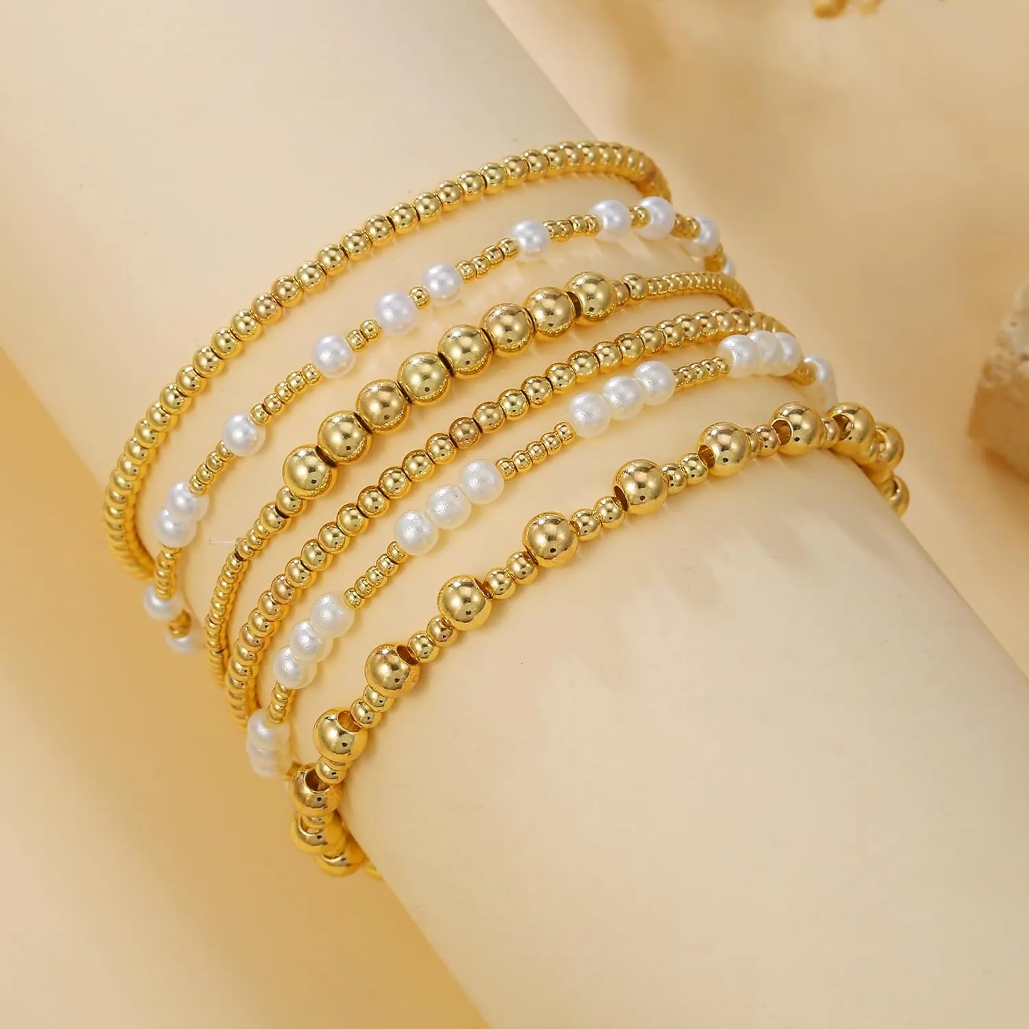 Gold Bracelets for Women 14K Gold Plated Beaded Non Tarnish Bracelets Stretch Bead Ball Bracelet Stack Set Jewelry for Gifts